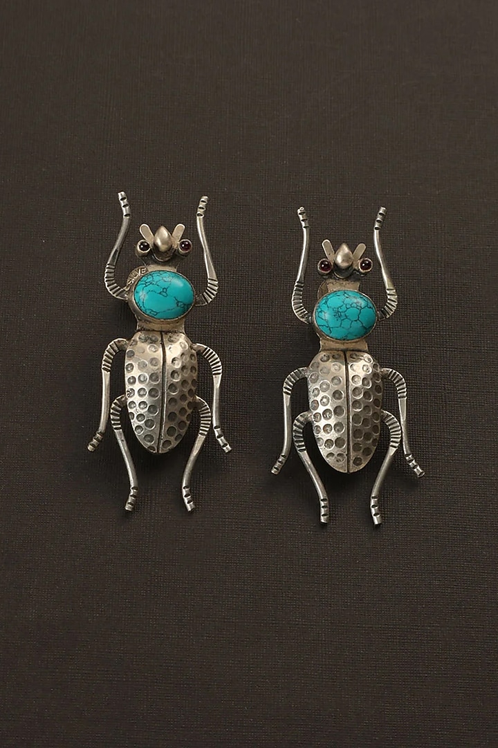 White Finish Turquoise Stone Bug Dangler Earrings In Sterling Silver by Mero at Pernia's Pop Up Shop
