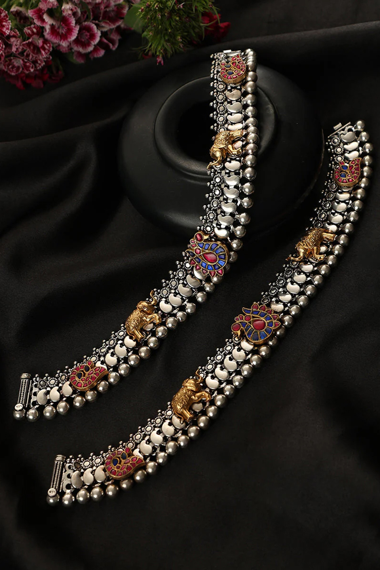 Two-Tone Finish Kundan Polki Payals In Sterling Silver (Set Of 2) by Mero at Pernia's Pop Up Shop
