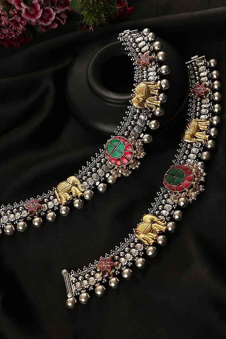 Two-Tone Finish Kundan Polki Payals In Sterling Silver (Set Of 2) by Mero at Pernia's Pop Up Shop