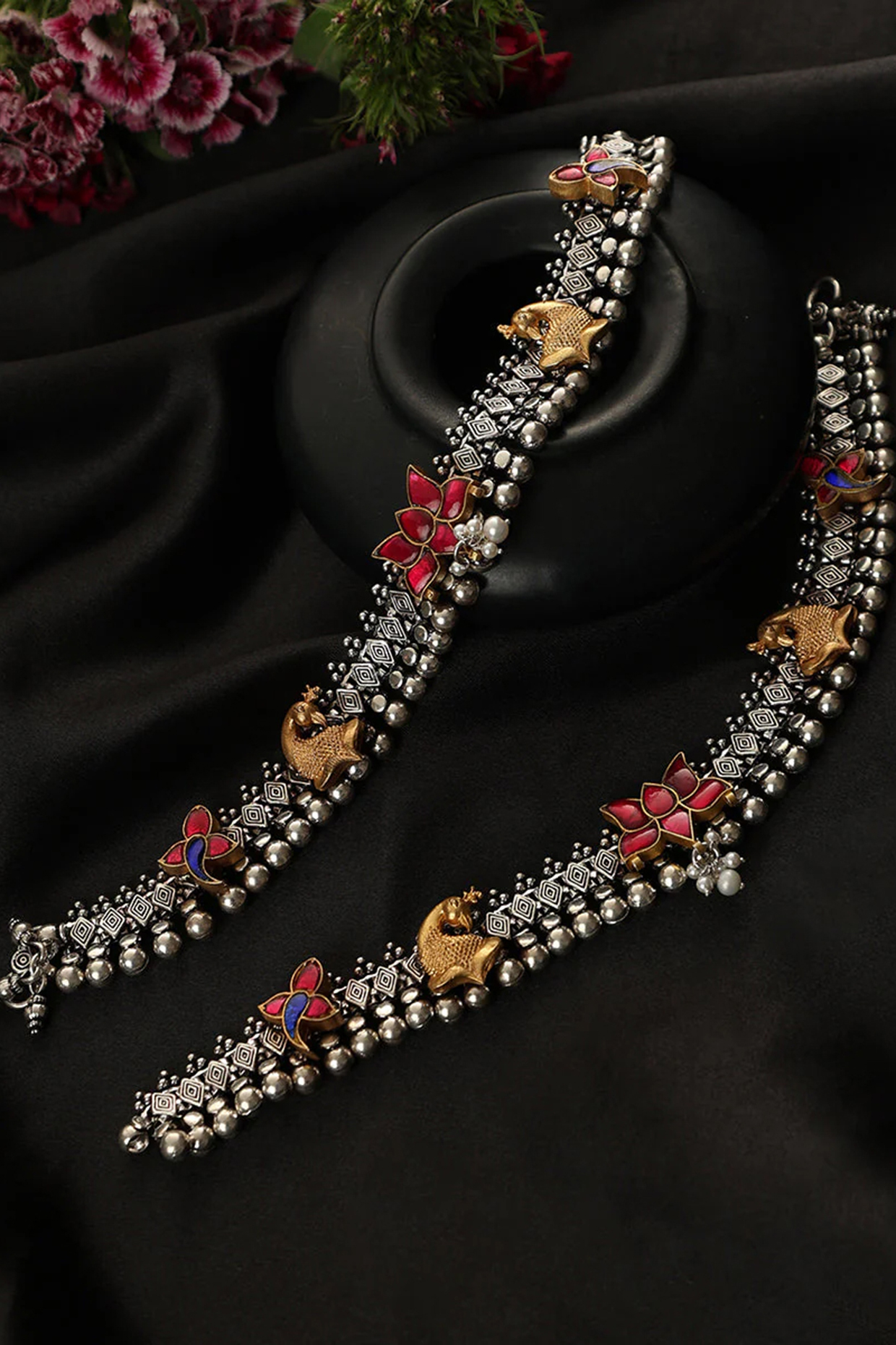 Two-Tone Finish Kundan Polki Payals In Sterling Silver (Set Of 2) by Mero at Pernia's Pop Up Shop