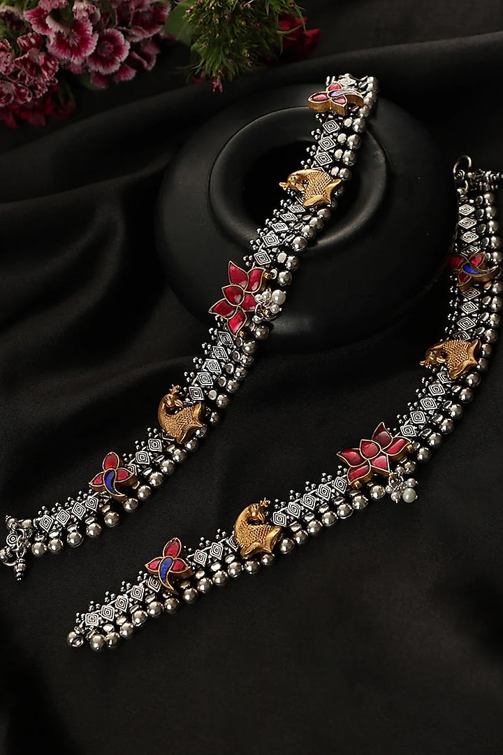 Two-Tone Finish Kundan Polki Payals In Sterling Silver (Set Of 2) by Mero at Pernia's Pop Up Shop