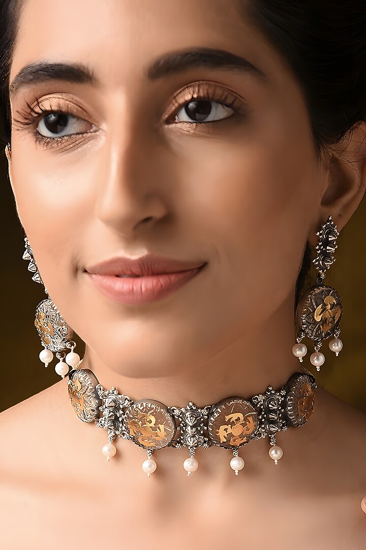 Two Tone Finish Pearl Tribal Necklace Set In Sterling Silver by Mero at Pernia's Pop Up Shop