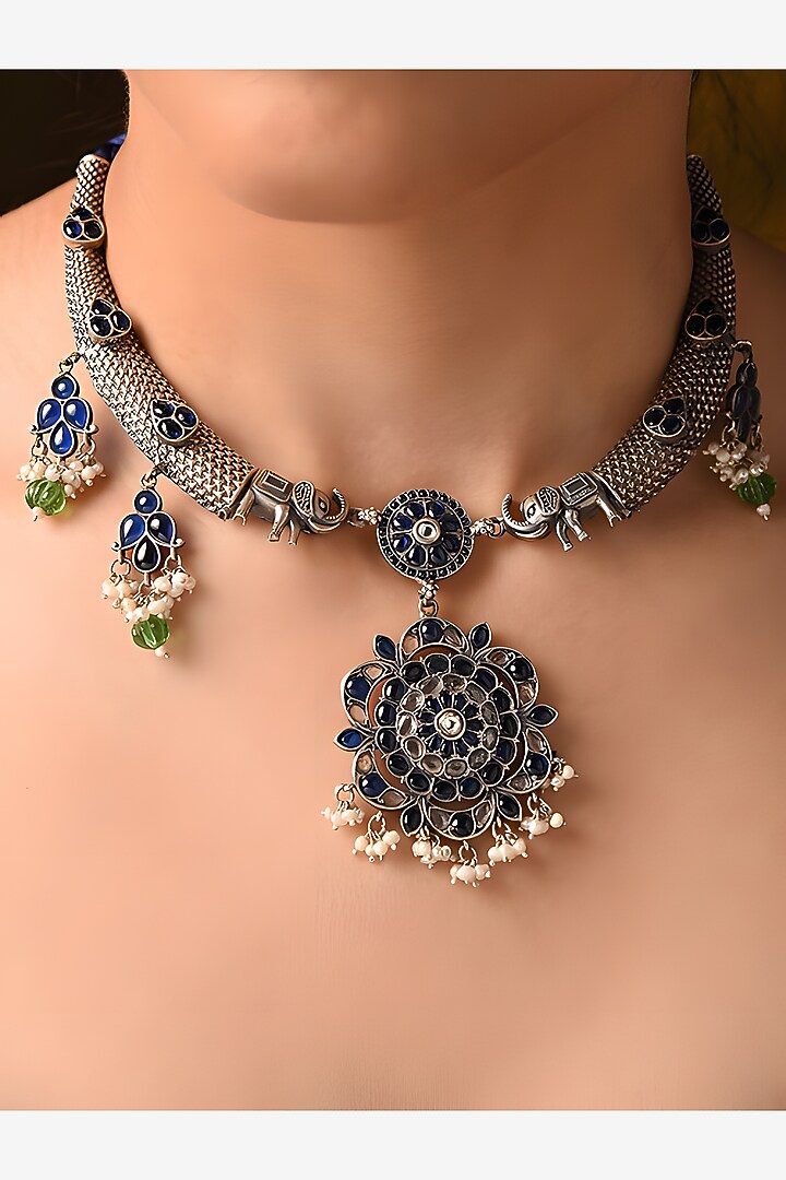 Silver Finish Blue & Green Stone Tribal Necklace In Sterling Silver by Mero at Pernia's Pop Up Shop