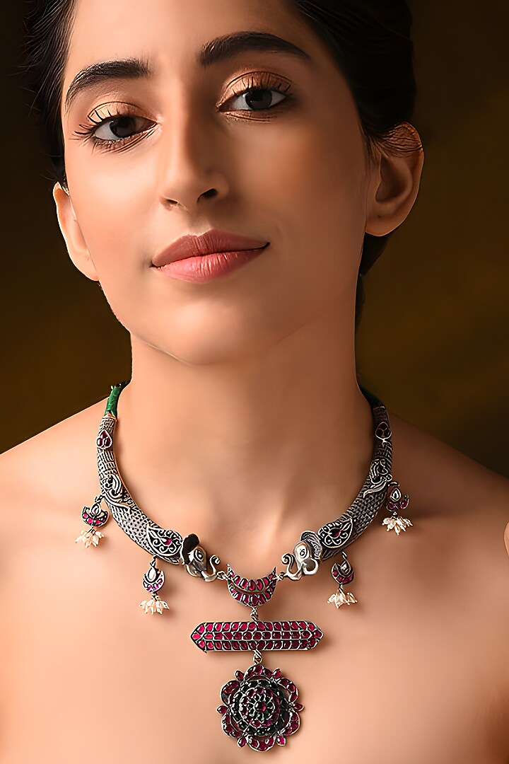 Silver Finish Red & Green Stone Tribal Necklace In Sterling Silver by Mero at Pernia's Pop Up Shop