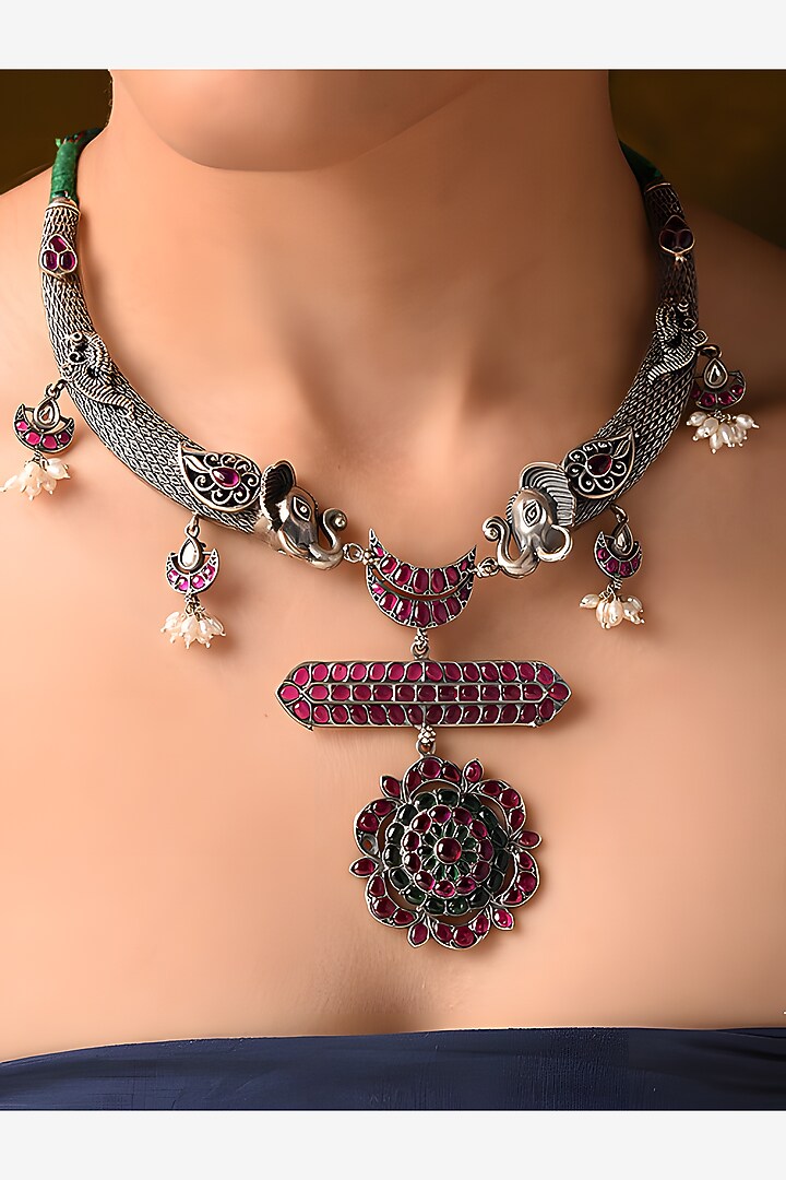 Silver Finish Red & Green Stone Tribal Necklace In Sterling Silver by Mero at Pernia's Pop Up Shop