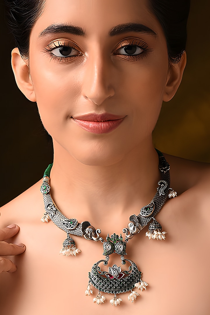 Silver Finish Red & Green Stone Tribal Necklace In Sterling Silver by Mero at Pernia's Pop Up Shop