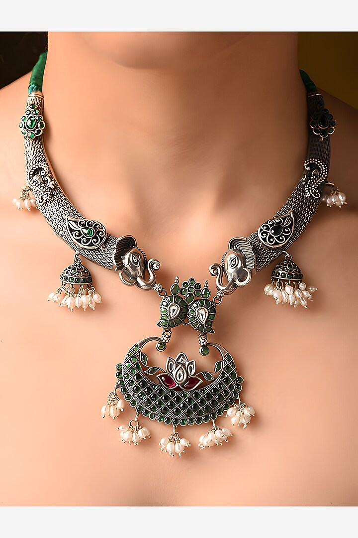 Silver Finish Red & Green Stone Tribal Necklace In Sterling Silver by Mero at Pernia's Pop Up Shop