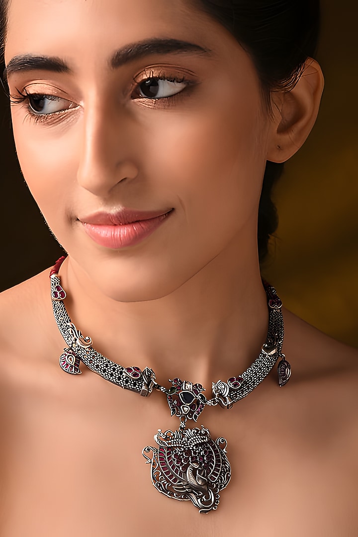 Silver Finish Red & Green Stone Tribal Necklace In Sterling Silver by Mero at Pernia's Pop Up Shop