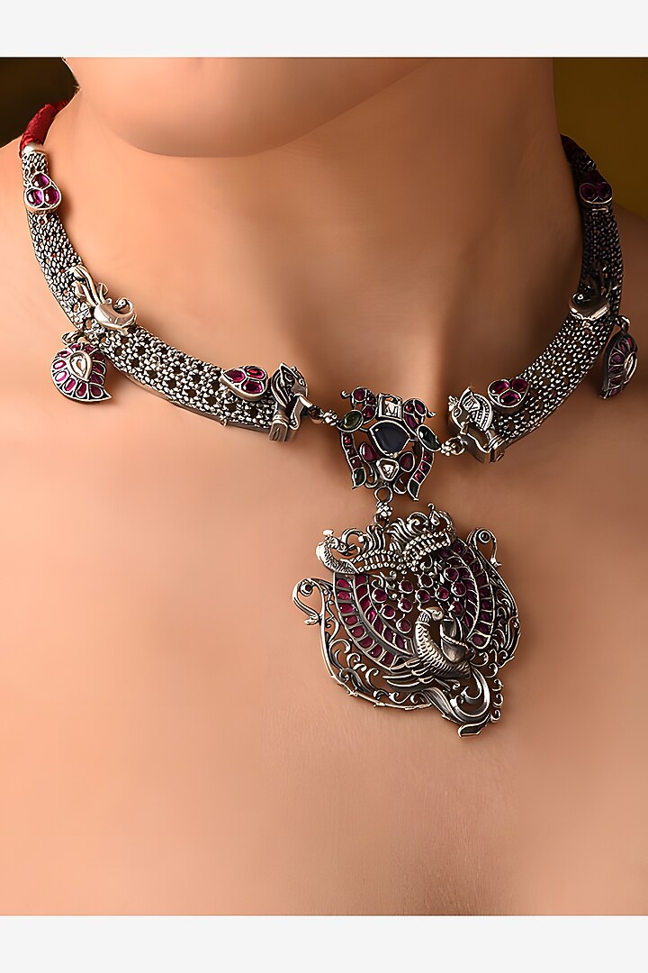 Silver Finish Red & Green Stone Tribal Necklace In Sterling Silver by Mero at Pernia's Pop Up Shop