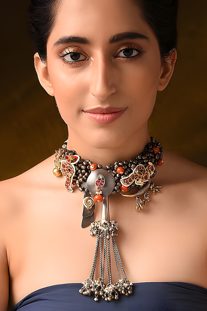 Two Tone Finish Kundan Polki Tribal Choker Necklace In Sterling Silver by Mero at Pernia's Pop Up Shop