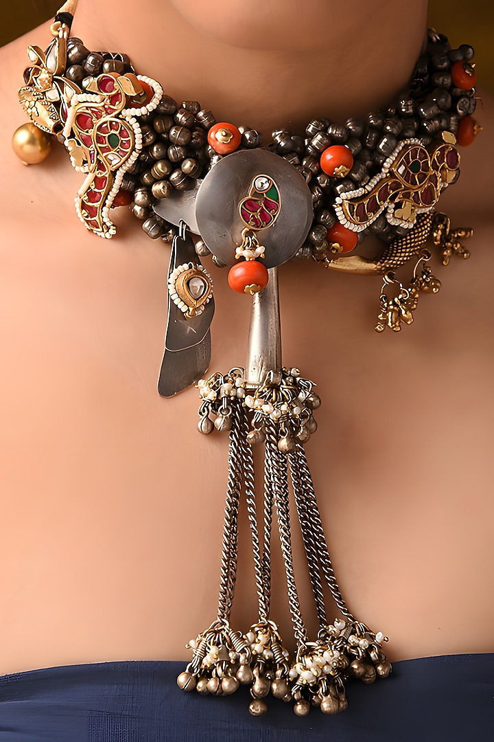 Two Tone Finish Kundan Polki Tribal Choker Necklace In Sterling Silver by Mero at Pernia's Pop Up Shop