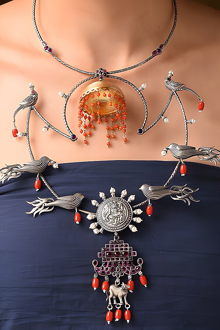 Two Tone Finish Red Stone Tribal Hasli Necklace In Sterling Silver by Mero at Pernia's Pop Up Shop