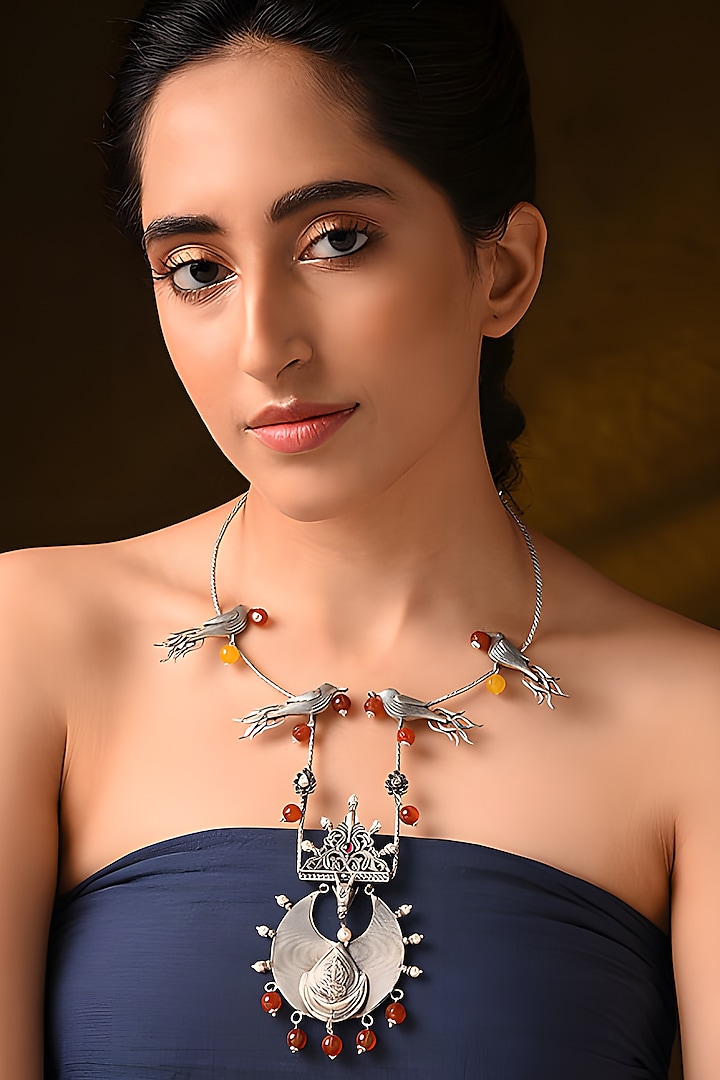 Two Tone Finish Yellow & Red Stone Tribal Hasli Necklace In Sterling Silver by Mero