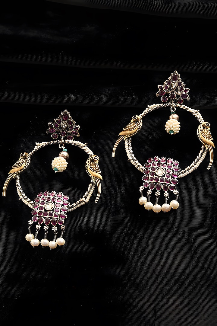 Two Tone Finish Multi-Colored Stone Temple Dangler Earrings In Sterling Silver by Mero at Pernia's Pop Up Shop