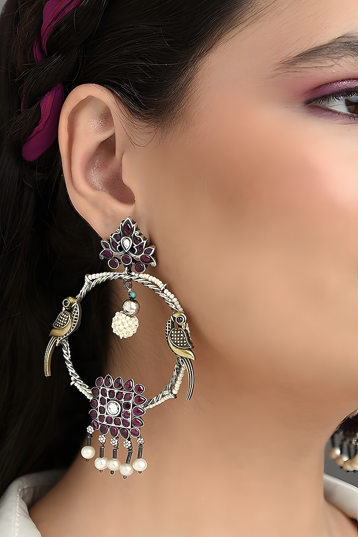 Two Tone Finish Multi-Colored Stone Temple Dangler Earrings In Sterling Silver by Mero at Pernia's Pop Up Shop