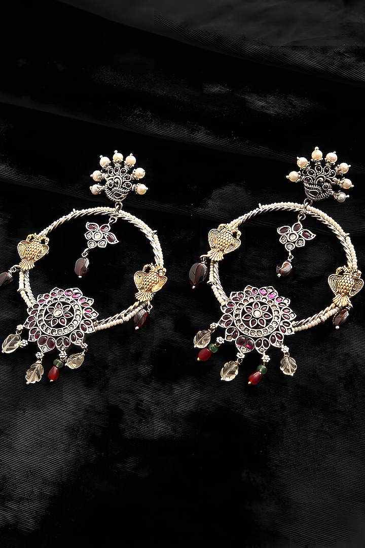 Two Tone Finish Multi-Colored Stone Temple Dangler Earrings In Sterling Silver by Mero at Pernia's Pop Up Shop