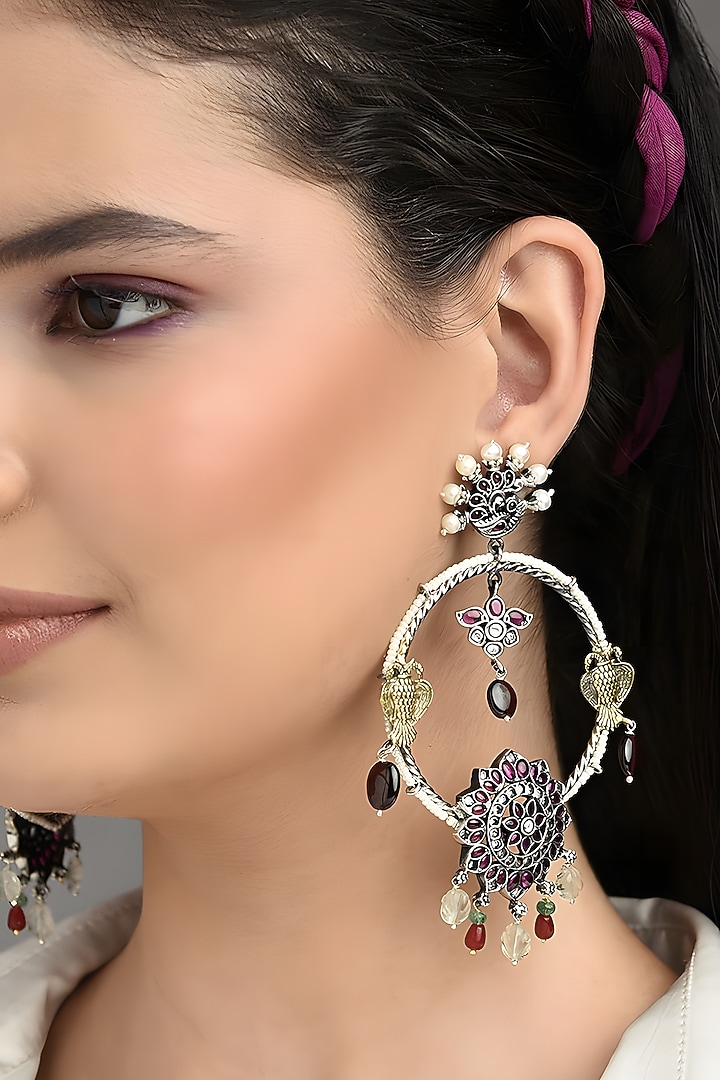 Two Tone Finish Multi-Colored Stone Temple Dangler Earrings In Sterling Silver by Mero at Pernia's Pop Up Shop