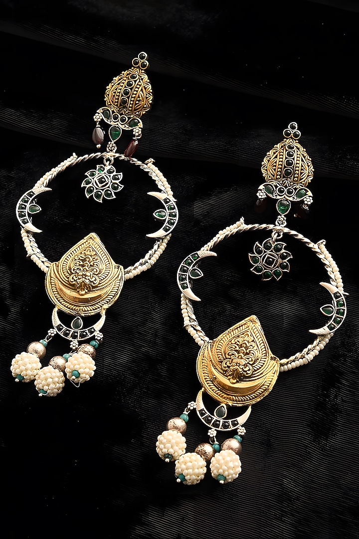 Two Tone Finish Multi-Colored Stone Temple Dangler Earrings In Sterling Silver by Mero at Pernia's Pop Up Shop