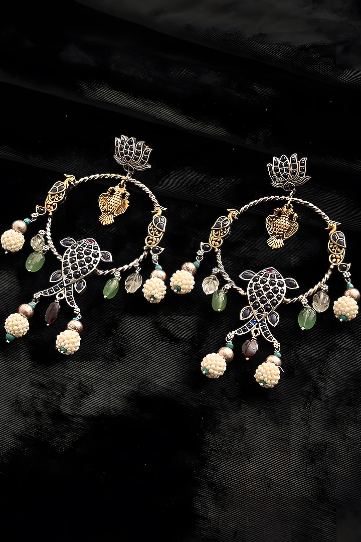 Two Tone Finish Multi-Colored Stone Temple Dangler Earrings In Sterling Silver by Mero at Pernia's Pop Up Shop