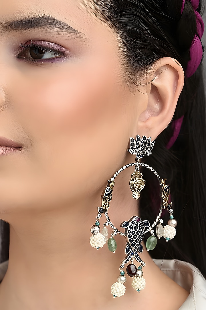 Two Tone Finish Multi-Colored Stone Temple Dangler Earrings In Sterling Silver by Mero at Pernia's Pop Up Shop