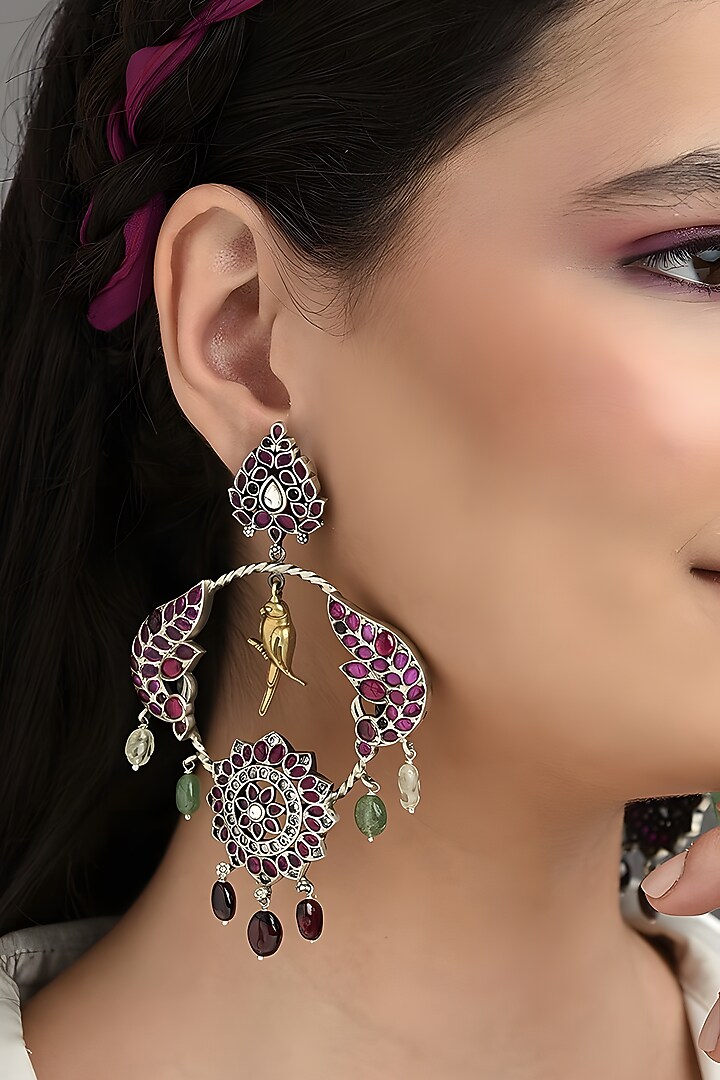 Two Tone Finish Multi-Colored Stone Temple Dangler Earrings In Sterling Silver by Mero at Pernia's Pop Up Shop