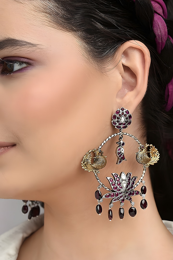 Two Tone Finish Multi-Colored Stone Temple Dangler Earrings In Sterling Silver by Mero at Pernia's Pop Up Shop