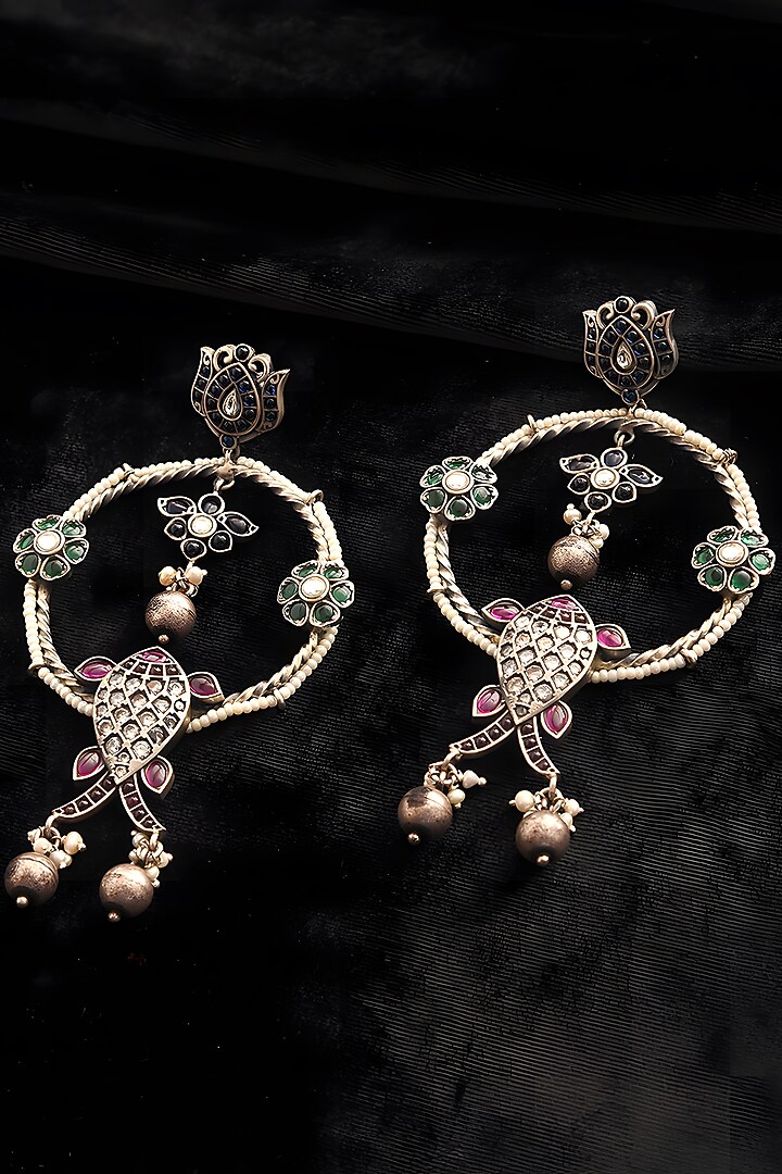 Two Tone Finish Multi-Colored Stone Temple Dangler Earrings In Sterling Silver by Mero at Pernia's Pop Up Shop