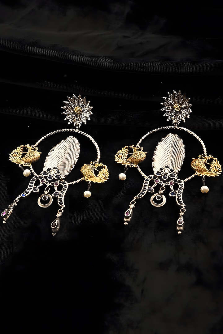 Two Tone Finish Multi-Colored Stone Temple Dangler Earrings In Sterling Silver by Mero at Pernia's Pop Up Shop