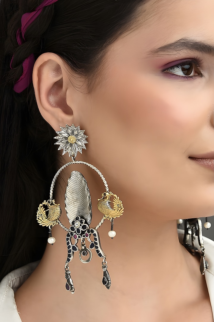 Two Tone Finish Multi-Colored Stone Temple Dangler Earrings In Sterling Silver by Mero at Pernia's Pop Up Shop