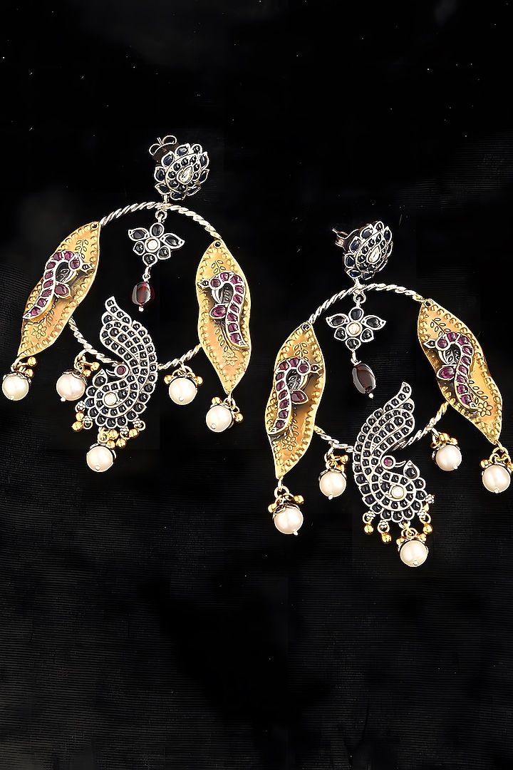 Two Tone Finish Multi-Colored Stone Temple Dangler Earrings In Sterling Silver by Mero at Pernia's Pop Up Shop