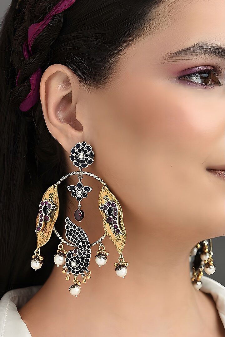 Two Tone Finish Multi-Colored Stone Temple Dangler Earrings In Sterling Silver by Mero at Pernia's Pop Up Shop