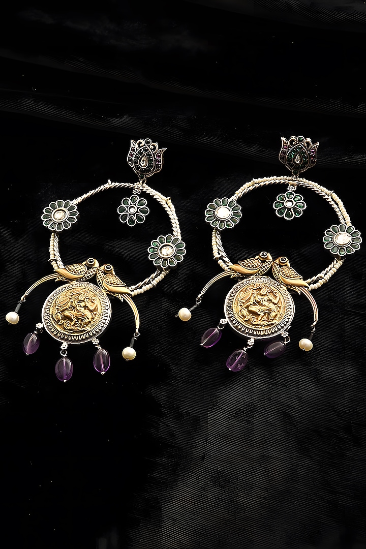 Two Tone Finish Multi-Colored Stone Temple Dangler Earrings In Sterling Silver by Mero at Pernia's Pop Up Shop