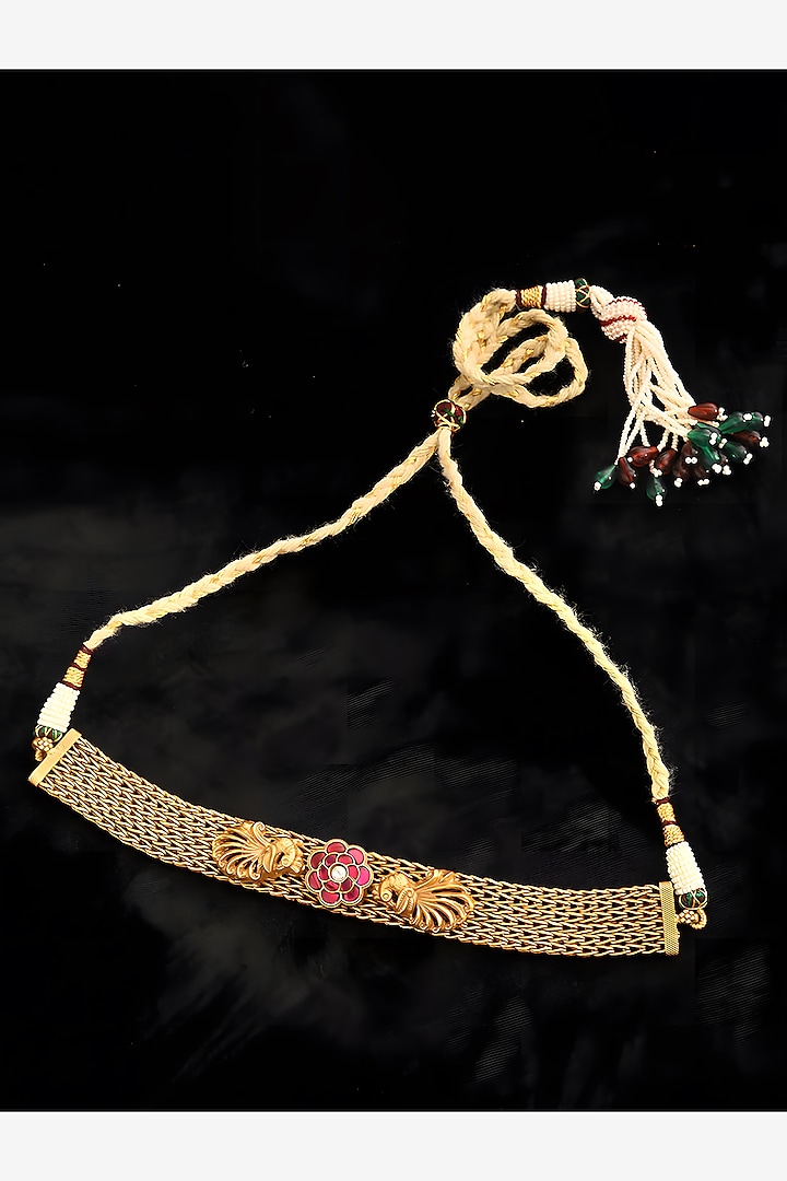 Gold Finish Kundan Polki Choker Necklace In Sterling Silver by Mero
