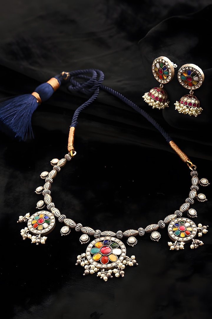 Silver Finish Multi-Colored Kundan Polki Necklace Set In Sterling Silver by Mero at Pernia's Pop Up Shop
