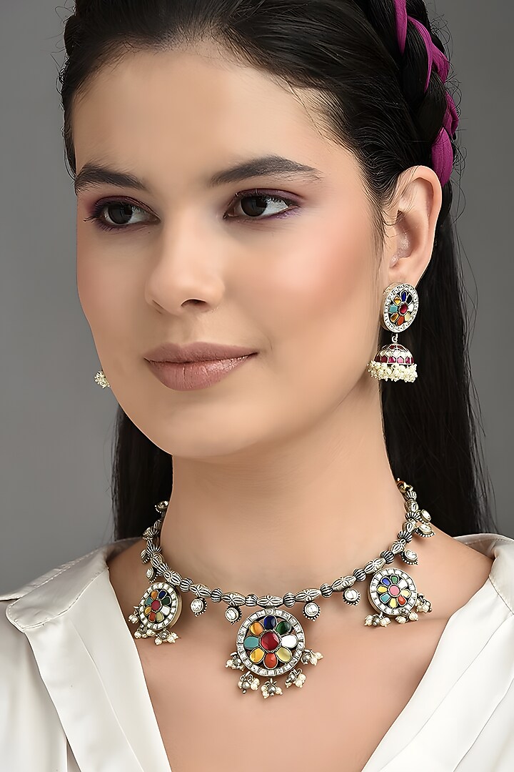 Silver Finish Multi-Colored Kundan Polki Necklace Set In Sterling Silver by Mero at Pernia's Pop Up Shop