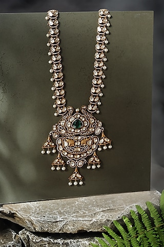 Gold Finish Moissanite Stone Long Temple Necklace In Sterling Silver by Mero