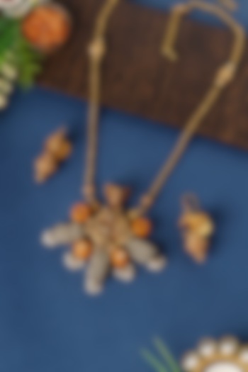 Gold Finish Coral & Pearl Tribal Pendant Necklace Set In Sterling Silver by Mero at Pernia's Pop Up Shop