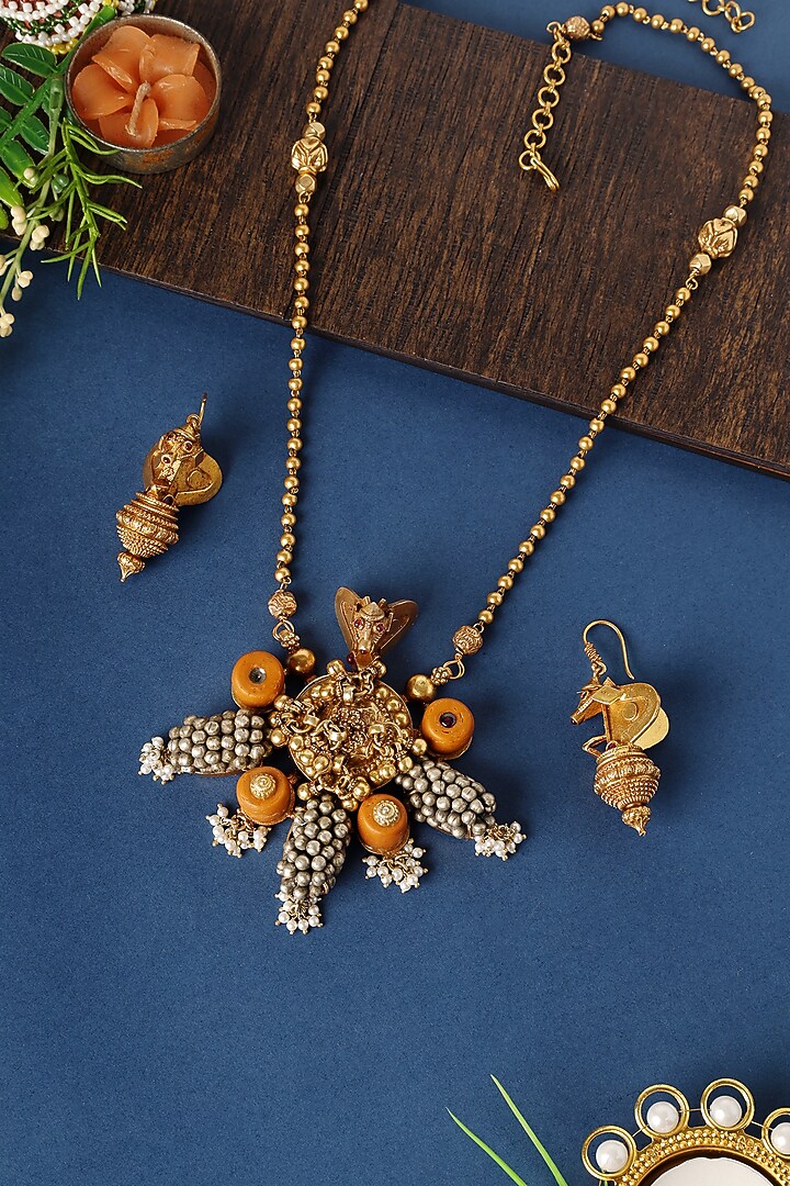 Gold Finish Coral & Pearl Tribal Pendant Necklace Set In Sterling Silver by Mero at Pernia's Pop Up Shop