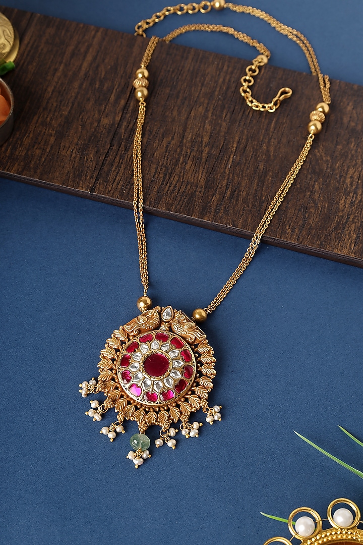 Gold Finish Kundan Peacock Pendant Necklace In Sterling Silver by Mero at Pernia's Pop Up Shop