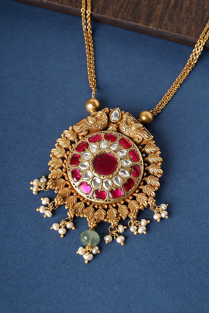 Gold Finish Kundan Peacock Pendant Necklace In Sterling Silver by Mero at Pernia's Pop Up Shop