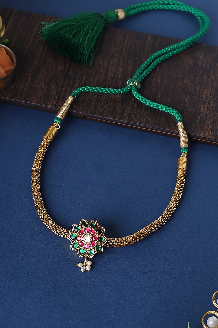Gold Finish Kundan Polki Temple Choker Necklace In Sterling Silver by Mero at Pernia's Pop Up Shop