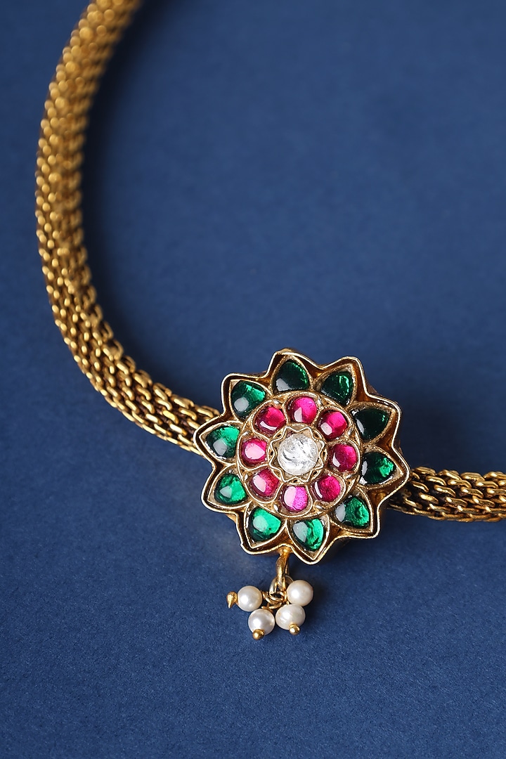 Gold Finish Kundan Polki Temple Choker Necklace In Sterling Silver by Mero at Pernia's Pop Up Shop