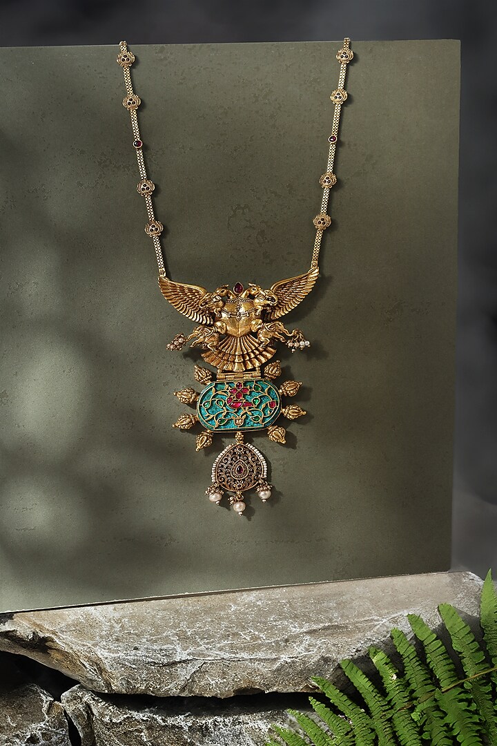 Gold Finish Turquoise Stone Long Pendant Necklace In Sterling Silver by Mero at Pernia's Pop Up Shop