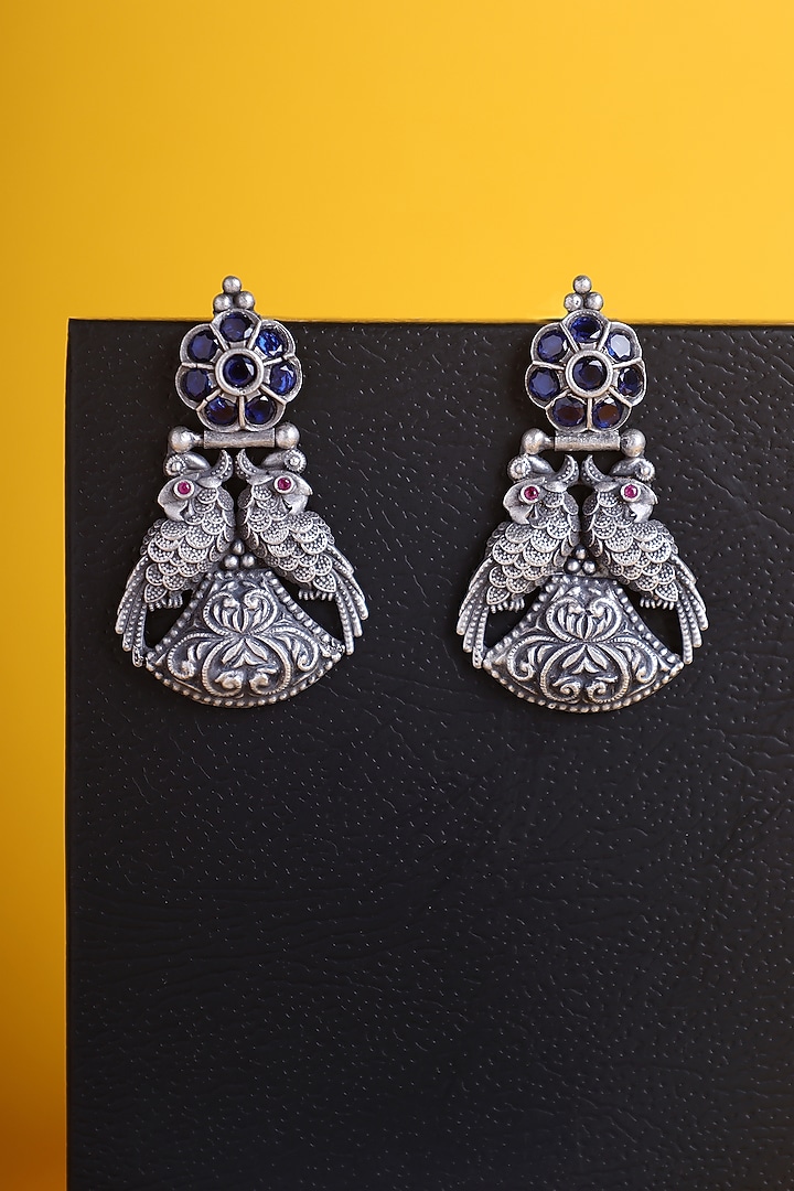 White Finish Blue Kemp stone Temple Peacock Earrings In Sterling Silver by Mero at Pernia's Pop Up Shop