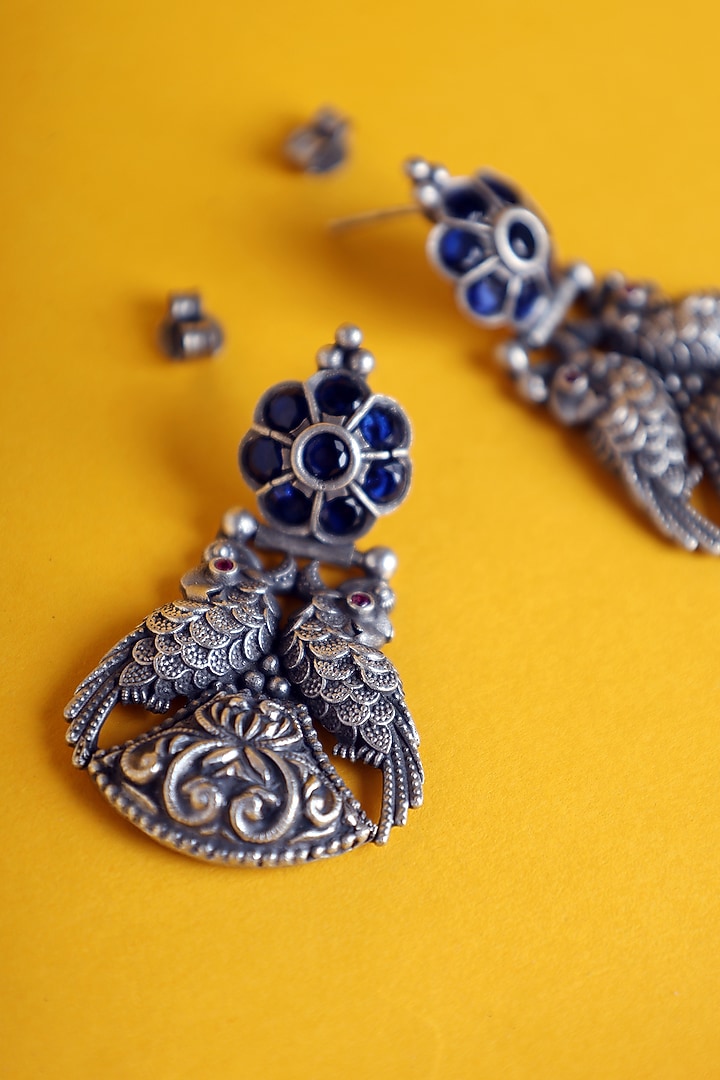 White Finish Blue Kemp stone Temple Peacock Earrings In Sterling Silver by Mero at Pernia's Pop Up Shop