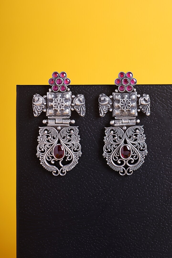 White Finish Pink Kemp stone Temple Floral Earrings In Sterling Silver by Mero at Pernia's Pop Up Shop