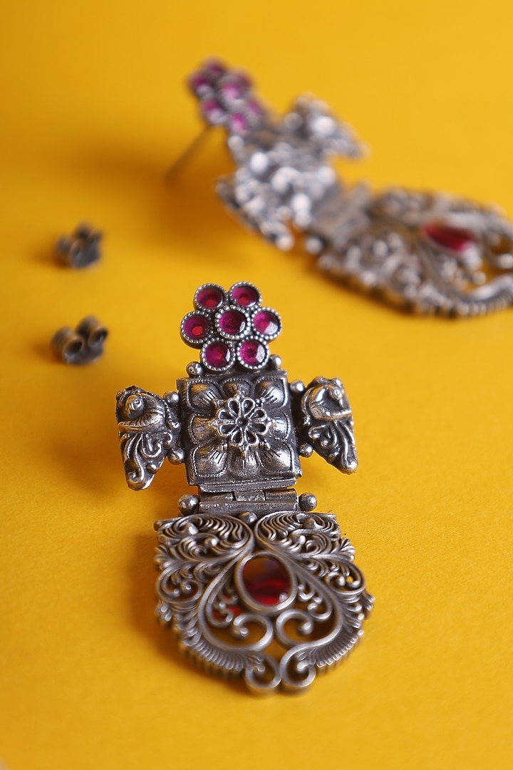 White Finish Pink Kemp stone Temple Floral Earrings In Sterling Silver by Mero at Pernia's Pop Up Shop