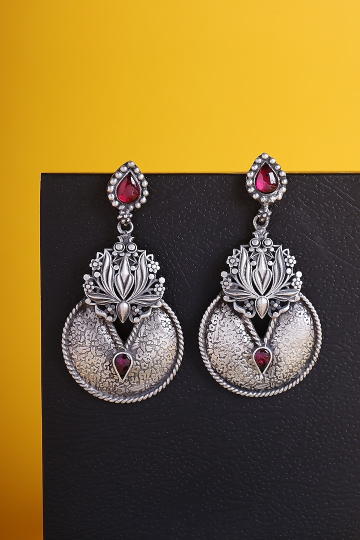 White Finish Red Kemp stone Temple Floral Drop Earrings In Sterling Silver by Mero at Pernia's Pop Up Shop