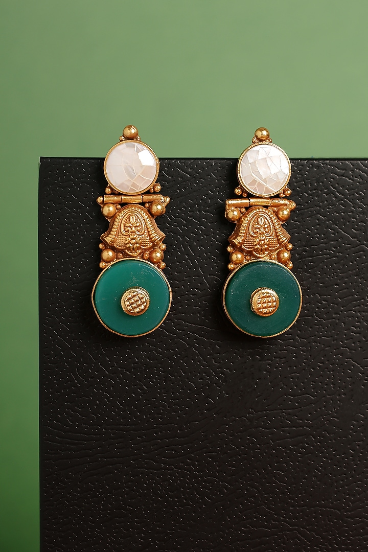 Gold Finish Mother Of Pearl Temple Earrings In Sterling Silver by Mero at Pernia's Pop Up Shop