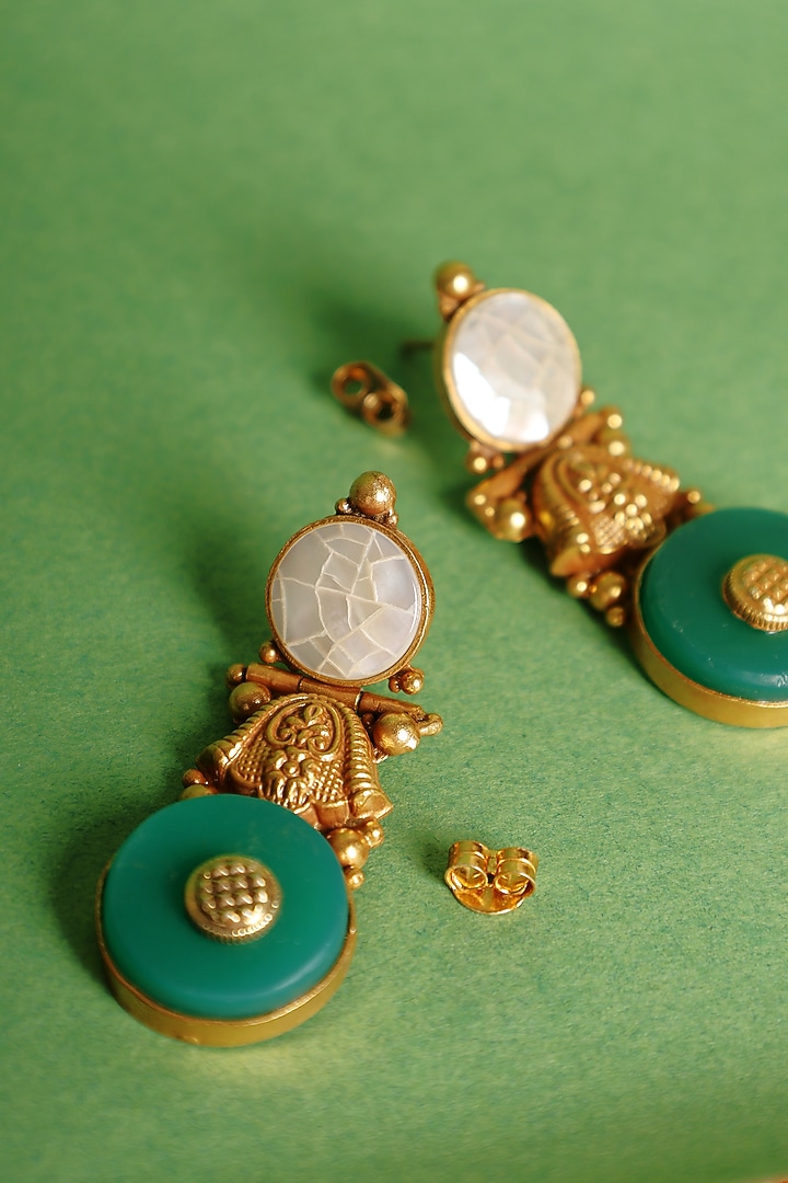 Gold Finish Mother Of Pearl Temple Earrings In Sterling Silver by Mero at Pernia's Pop Up Shop